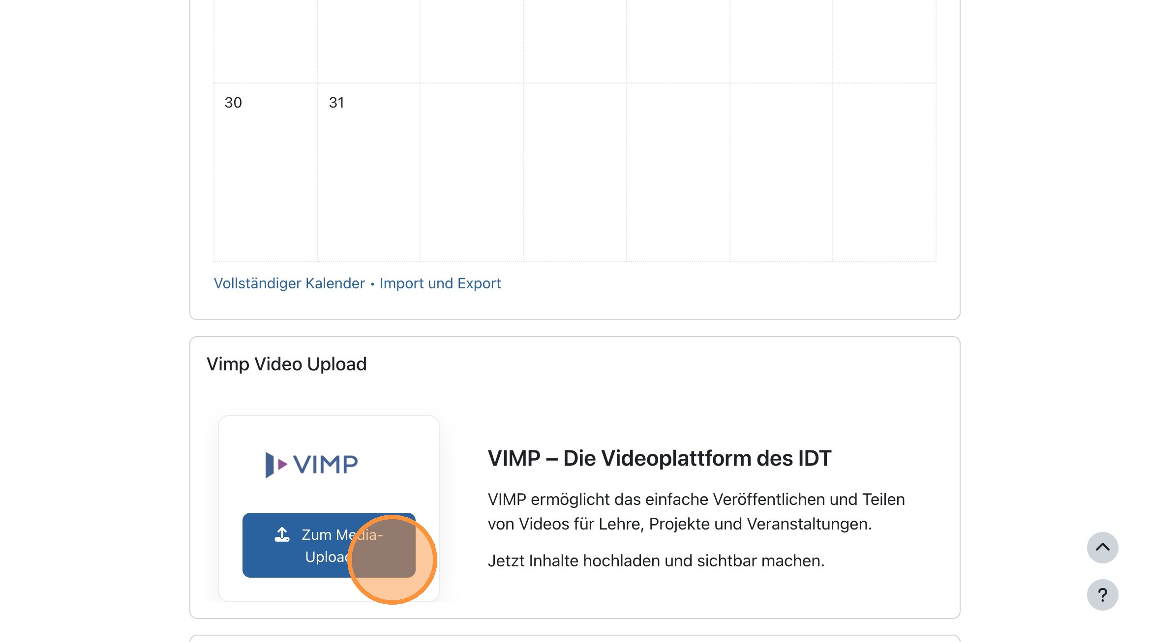 Dashboard mit Vimp Video Upload