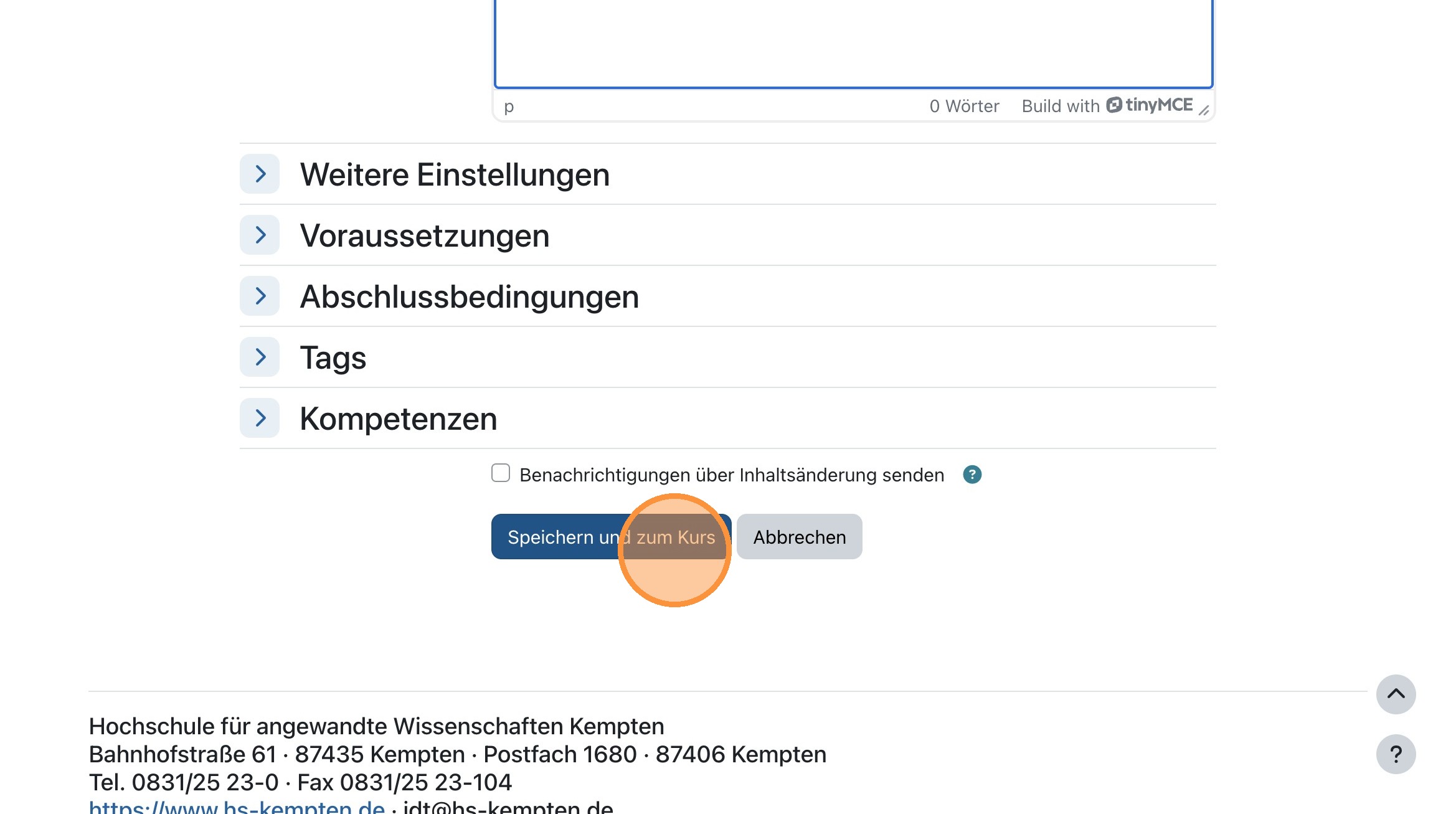 Speichern und zum Kurs